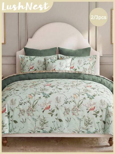 2pcs/3pcs Set Of Light Green Watercolor Style Leaf & Bird Pattern Pillow Covers (1 Pillowcase + 2 Pillow Shams), Made Of Daily Polyester Fiber, Soft Synthetic Fiber, Skin-Friendly, Suitable For Bedroom (Master Bedroom), Guest Room (Secondary Bedroom), All Seasons, Also Suitable As A Gift