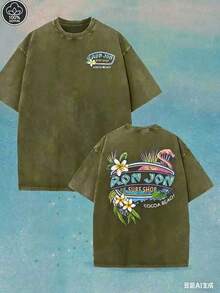 2026 (230 Pure Cotton T-Shirt) Men's T-Shirt, Surf Shop Graphic T - Shirt,Street Style Back Surfboard Hibiscus Design ' SURF SHOP' 'LONG BEACH ISLAND - màu xanh lá - Xem 7