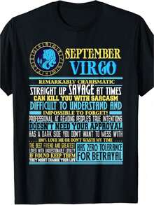 [Estilo Casual] Camiseta de Hombre Virgo de Septiembre - Humor Divertido con Signo Zodiacal, 100% Algodón, Manga Corta, Cuello Redondo, Lavable a Máquina, Regalo Ideal para Cumpleaños y Uso Casual, Camiseta de Uso Casual| Camiseta con Diseño Gráfico Atrevido| Camisa 100% Algodón - Negro - Ver 1