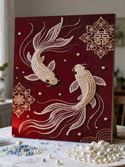 Bộ tranh khảm ngọc trai đôi sang trọng, tự làm thủ công, thiết kế cá thịnh vượng, trang trí tường nhà cao cấp, quà tặng ngày lễ, thiết kế không khung.