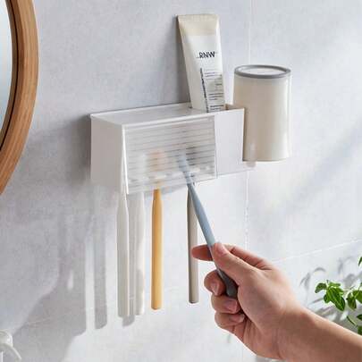 1pc Self-Adhesive 5-Slot Wall-Mounted Toothbrush Holder With Lid, Japanese Style Large Capacity Toothbrush & Toothpaste Storage Rack, No-Drill Bathroom Organizer, Suitable For Shower, Bathroom, Dormitory And Other Places, Can Hold Toothpaste And Toothbrush, Bathroom Storage, Travel