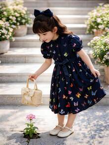 4-8岁女童藏蓝色蝴蝶印花连衣裙，层叠荷叶边下摆配蝴蝶结腰带，可爱夏季休闲连衣裙 - 寶藍色 - 查看 8