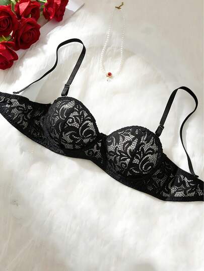 1 Piece Comfortable Black Mesh Lace Bra Underwire Soft Slim Fit Daily Fashion Women's Lingerie