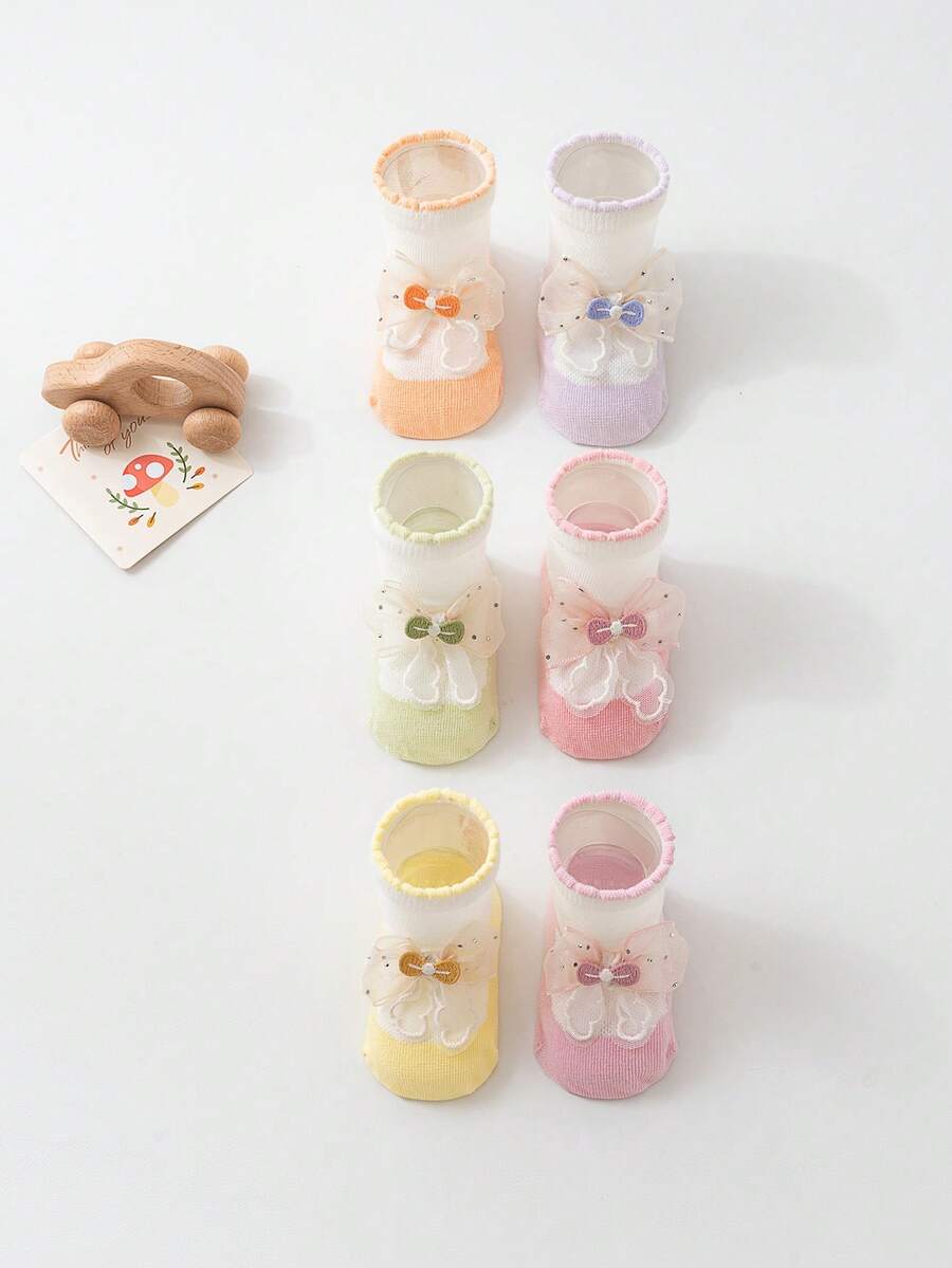 Neue weiche Schleifchen Baby Socken, nicht einengend, atmungsaktiv, geeignet für 0-1 jährige Mädchen, Prinzessinnenstil - Verschiedenfarbig - Übersicht 1