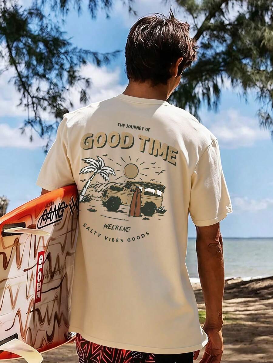 Men's Casual Round Neck Short Sleeve T-Shirt With Slogan & Palm Tree Print, For Summer