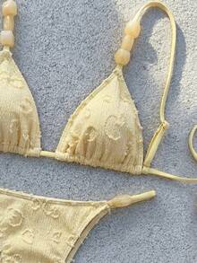 Bikinx Casual Cute Women's Bikini Set With Textured High Stretch Fabric Beaded Spaghetti Strap And High Cut Bottom Tie Back Details - Yellow - View 4