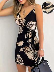 Vestido corto casual de mujer con estampado floral, tirantes finos y nudo delantero, para primavera/verano y vacaciones - Multicolor - Ver 2