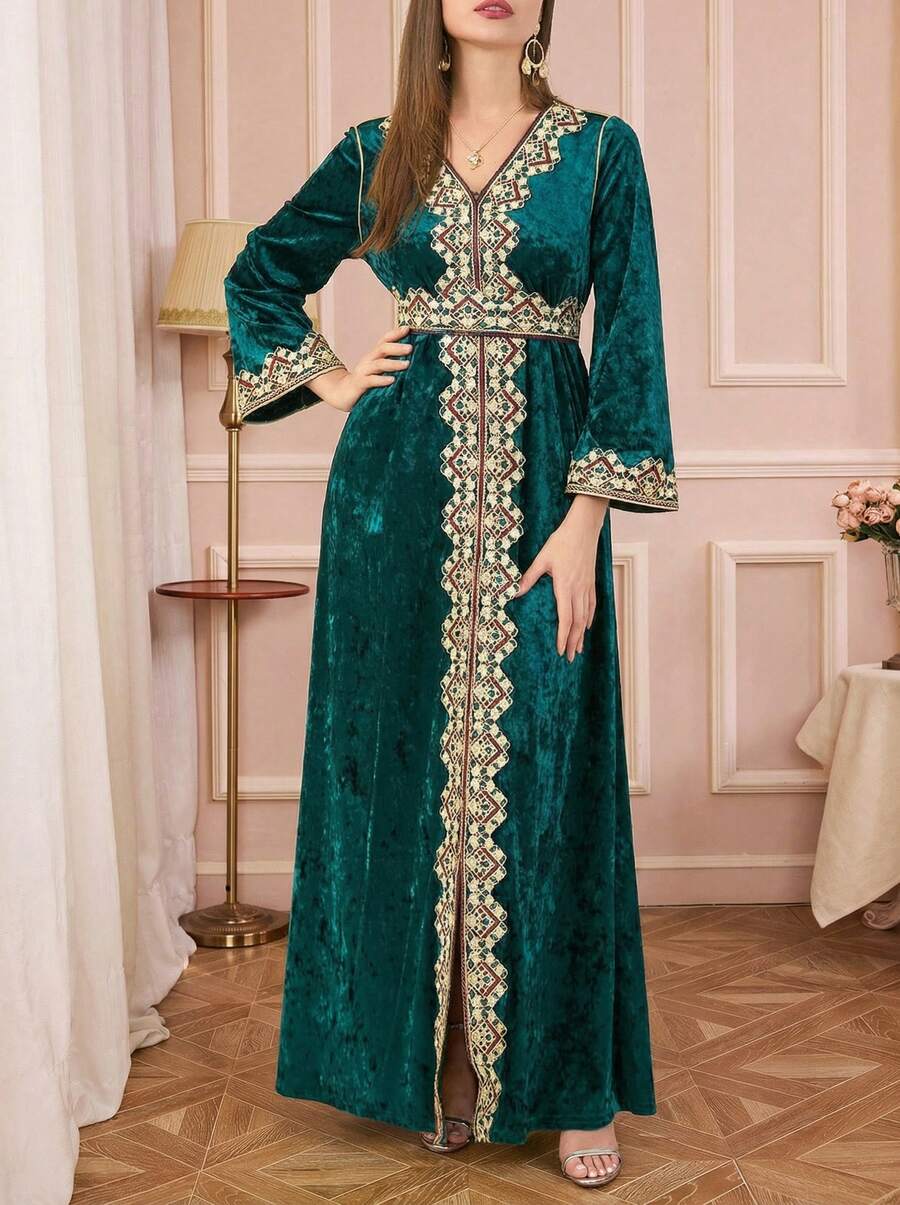 Solessence Vestido de mujer modesto de terciopelo con cuello en V, cinta de encaje, bajo con abertura, cinturón, estilo kaftan marroquí con bordados, para otoño e invierno