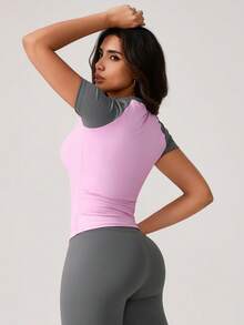 NcmRyu 1 pieza Camiseta deportiva de manga corta y ajustada de unicolor para , de verano - Rosa - Ver 8