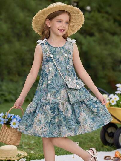 فستان أنيق بطراز ريفي ريفي للبنات الصغيرات بأكمام بلا أكمام وأزرار مزدوجة الصدر وعقدة على الكتف، بطبعات زهور صغيرة باللون الأزرق الطازج، مع حقيبة