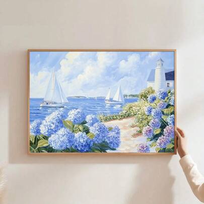 1幅装裱/未装裱蓝色帆船绣球花帆布海报，夏季花卉南塔克特海岸风景墙面艺术印刷品，简约海滨别墅装饰画，适用于公寓、客厅、卧室、现代家居装饰
