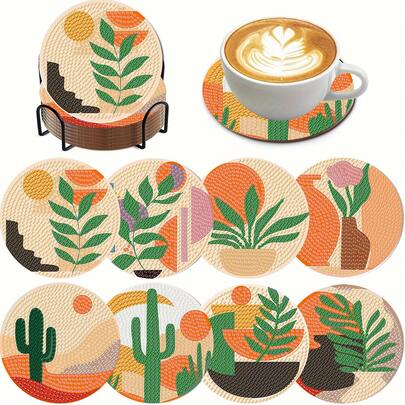 8件套绿洲DIY钻石画杯垫套装，圆形闪亮钻石表面，强力背胶，工具齐全，适合初学者，减压手工，新年、情人节、圣诞节、教师节礼物，家居装饰桌面杯垫，送给家人、朋友、女朋友、老师的礼物