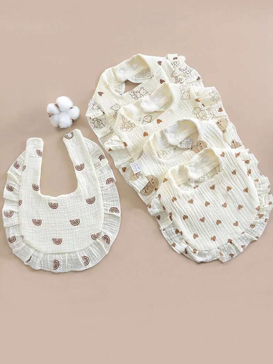 5/3pcs Random Floral Ruffled Pure Cotton Gauze Baby Bibs, Soft Absorbent Snap Closure Drool Bibs - Multicolor - View 1