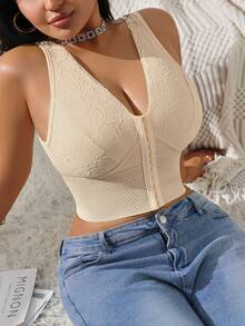 Modelador de Cintura com Fechamento Frontal Plus Size, Sutiã de Renda Sexy com Fechamento Frontal, Sutiã-Corselet sem Arame e Sem Enchimento, Modelador Slim para Mulheres - Damasco - Visão 3