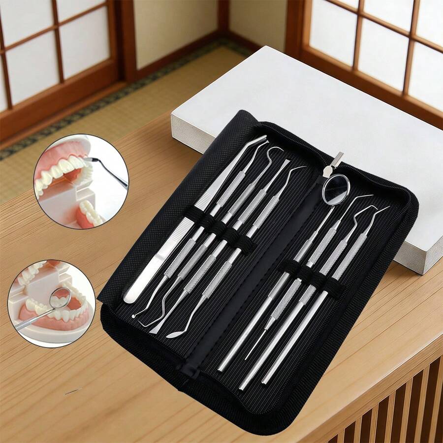 6pcs/9pcs Oral Care Set, Teeth Cleaning Tools Include Stainless Steel Toothpicks, Dental Floss Picks, Tartar Scraper And Storage Bag, Travel Essential - Silver - View 1