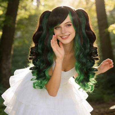 Tóc giả phong cách Gothic Lolita màu đen chuyển sang xanh ombre xoăn bồng bềnh với tóc mái và hai bím tóc – Tóc tổng hợp chịu nhiệt, thích hợp cho các dịp lễ hội, sử dụng hàng ngày, biểu diễn sân khấu, chụp ảnh và tiệc hóa trang (Tóc giả thời trang nữ sành điệu với mái và hai bím tóc)