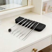 6pcs/9pcs Oral Care Set, Teeth Cleaning Tools Include Stainless Steel Toothpicks, Dental Floss Picks, Tartar Scraper And Storage Bag, Travel Essential - Silver - View 9