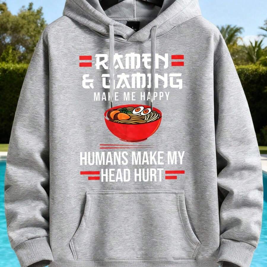 Ramen And Gaming Make Me Happy Humans Make My Head Hurt Graphic Hoodie Funny Food And Gaming Theme Design With Bold Text - 灰色 - 查看 1