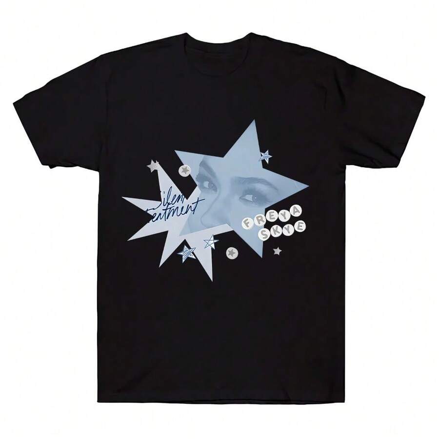 Camiseta Silent Treatment, modelo oversized com estampa gráfica Y2k, da cantora Freya Skye. Ideal para homens e mulheres. Estilo casual, algodão, estilo Harajuku, streetwear e hip hop. - Preto - Ver 1