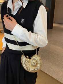 優雅貝殼造型派對手拿包，獨特設計貝殼包，女款亮面晚宴手提包附鏈條肩背帶/斜背帶，可收納耳機、硬幣，優雅貝殼錢包，適合派對、婚禮、晚宴及宴會，可搭配婚紗、正式服裝、舞會禮服、生日穿搭及女款派對服飾 - 金色 - 查看 5