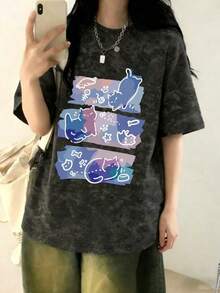 Summer New Z Generation Y2K Women Top Funny Cartoon Cat Print Round Neck Short Sleeve T-Shirt - Black - View 2