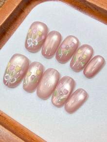 10er Set, handgemachte, verschleißfeste, weiche rosa Katzenauge Tulpen Nagel Sticker, handbemalte 3D Blumen Edelstein dekorierte Kunstnägel, zarte Puder Farbverlauf Maniküre Teile, einzigartiger Frühlingsstimmung Nagel Covers, vielseitig für Pendeln & Date, Braut & Brautjungfer sanfte Stilrichtung, Studenten tägliches frisches Design, abnehmbar & wiederverwendbar, nicht schädlich für natürliche Nägel, geeignet für Anfänger, Stil - Babypink - Übersicht 4