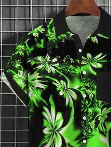 Hawaiian Gradient Floral Print Men's Button Pocket Short Sleeve Shirt - Green - View 5