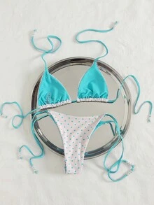 Bộ bikini nữ mới, thích hợp cho lễ hội âm nhạc, bãi biển, chấm bi, viền ren, đính hạt, kiểu dây buộc cổ hai bên, lót trong, gợi cảm, tối giản, lãng mạn, thường ngày, dự tiệc, kỳ nghỉ, thời trang mùa hè cho nữ, đi nghỉ mát. - Màu xanh Cadet - Xem 2