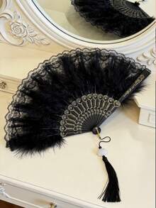 Chinese Traditional Style Feather Fan Cheongsam Female Fashion Show Folding Fan Hanfu Black Lace Fan Dance Fan Retro Chinese Fan, Classical Lolita Lace Fan Cheongsam Fashion Show Photo Folding Fan Dark Style Lace Fan Photo Props - B - View 7