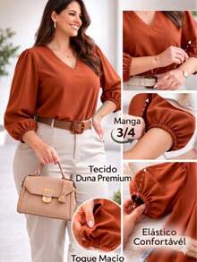 Women's 3/4 Sleeve Blouse In Duna Crepe, Elegant, Workwear, Plus Sizes GG G1 G2 G3, Evangelical Fashion - Terracotta - 紅陶 - 查看 4