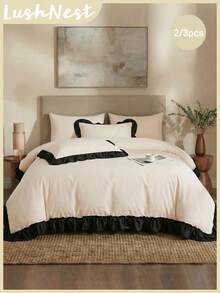 2件/3件套浅米色配黑色长荷叶边，包含1个被套和2个枕套（不含被芯），适合房间装饰、日常使用，采用柔软亲肤的聚酯纤维，适用于室内卧室、主卧、客房、次卧，四季皆宜，打造舒适卧室，价格亲民，尽显奢华，引领家居潮流。 - 彩色 - 查看 2