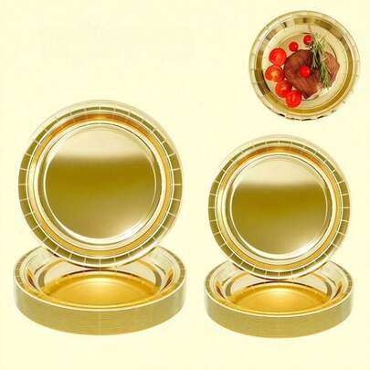 10/30/50/100 قطعة أطباق ورقية ذهبية، أطباق سلطة، أطباق حلوى، أطباق حفلات يمكن التخلص منها، متوفرة بأحجام 7 بوصات و 9 بوصات، سهلة التنظيف، مناسبة للكيك والحلويات والسلطات والبرغر والسندويشات والمقبلات والفواكه، لحفلات عيد الميلاد والأعراس والتخييم في الهواء الطلق وعيد الحب وعام جديد