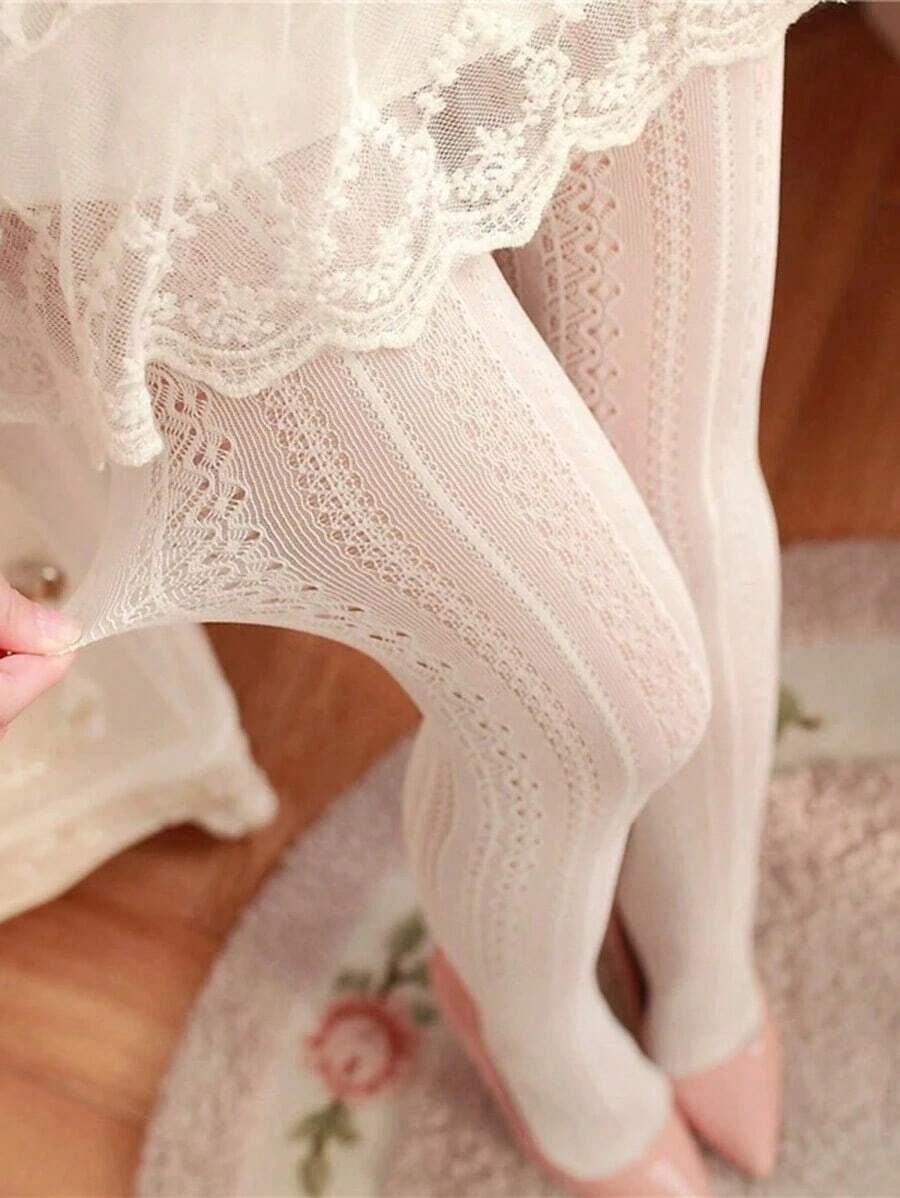 1pc New Japanese Lolita White Vintage Hollowed-Out Lace Pantyhose With Carved Mesh Stockings And Bottom Stockings - 白色 - 查看 1