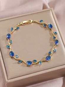 1 Peça Pulseira de Tênis de Zircônia Brilhante Rosa e Azul Marinho de Alta Qualidade, Design Único de Flor e Folha de Cobre, Acessório da Moda para Mulheres, Adequado para Uso Diário, Festivais, Casamento, Dia das Mães, Presentes de Feriado - Dourado + azul marinho - Visão 2