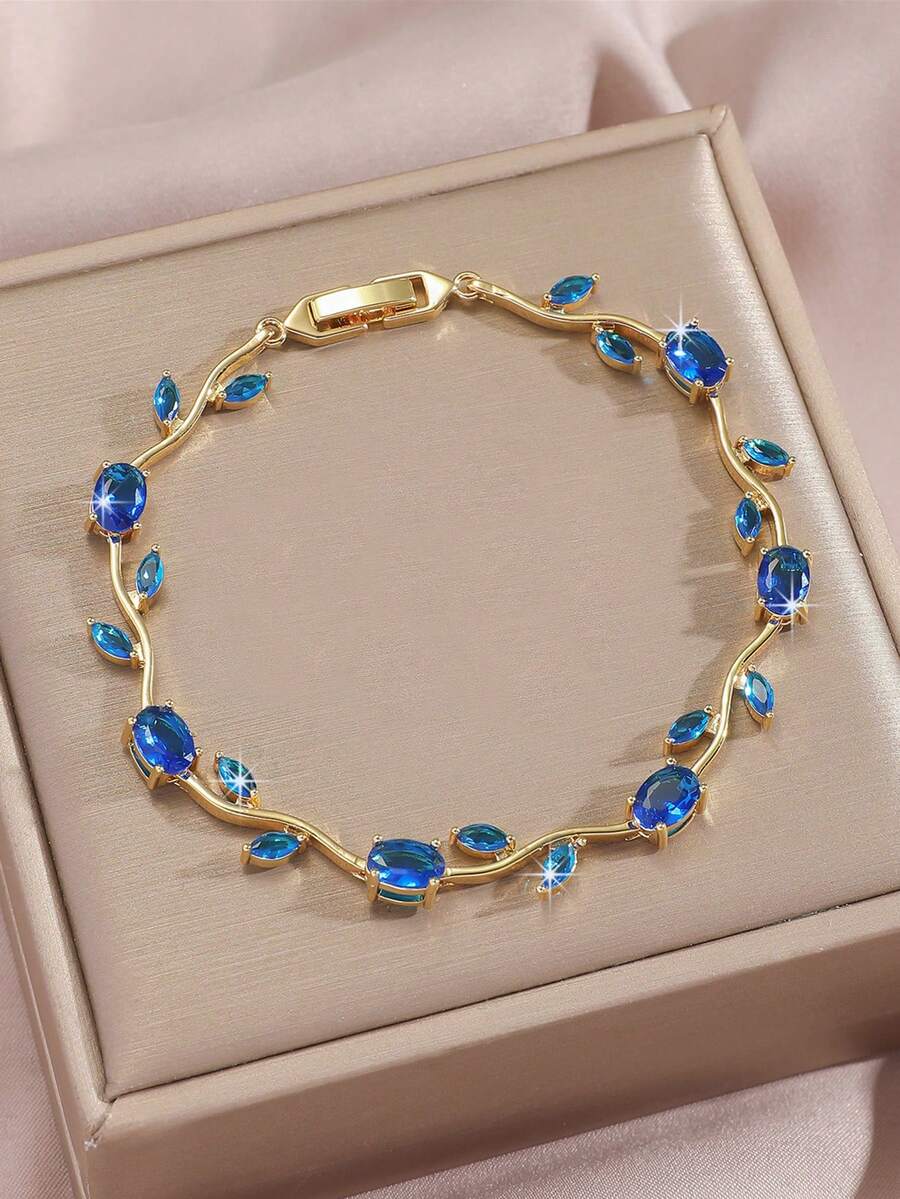 1 Peça Pulseira de Tênis de Zircônia Brilhante Rosa e Azul Marinho de Alta Qualidade, Design Único de Flor e Folha de Cobre, Acessório da Moda para Mulheres, Adequado para Uso Diário, Festivais, Casamento, Dia das Mães, Presentes de Feriado