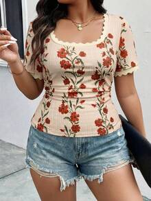 女士纹理印花针织U领修身T恤，休闲度假T恤，日常穿着，春夏款 - 彩色 - 查看 2