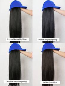 Women's 26-Inch Long Straight Hair With Adjustable Blue Baseball Cap, Natural And Realistic, Suitable For Women. - Black - View 9