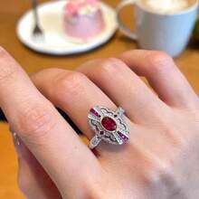 Women's Oversized Bicolor Inlaid Red Oval Zirconia Ring - Red - View 7