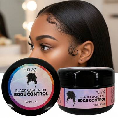  黑蓖麻油定型啫喱，MELAO强力定型啫喱，适用于自然卷发和纹理发质，抚平毛躁发际线，清晰定型，柔顺定型，100克/3.53盎司