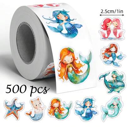 500 stuks cartoon zeemeermin doodle stickers, 2,5 cm, diverse patronen (8 stuks), geschikt voor enveloppen, tijdschriften, telefoonhoesjes, waterbekers, computerhelmen, scrapbooking, doe-het-zelf decoratie, feestverpakkingen, waterdichte PVC stickers