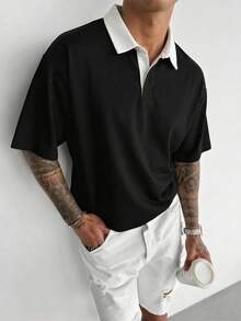 GRDR 男士撞色 Polo 衫，夏季休闲运动装 - 黑色 - 查看 3