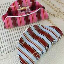 1pc Korean Style Blue & Coffee Striped Acrylic Hair Claw Clip, Retro Elegant Hair Accessory For Bun, Ponytail, Versatile High-End Hair Clip Women Hair Accessories - 彩色 - 查看 2