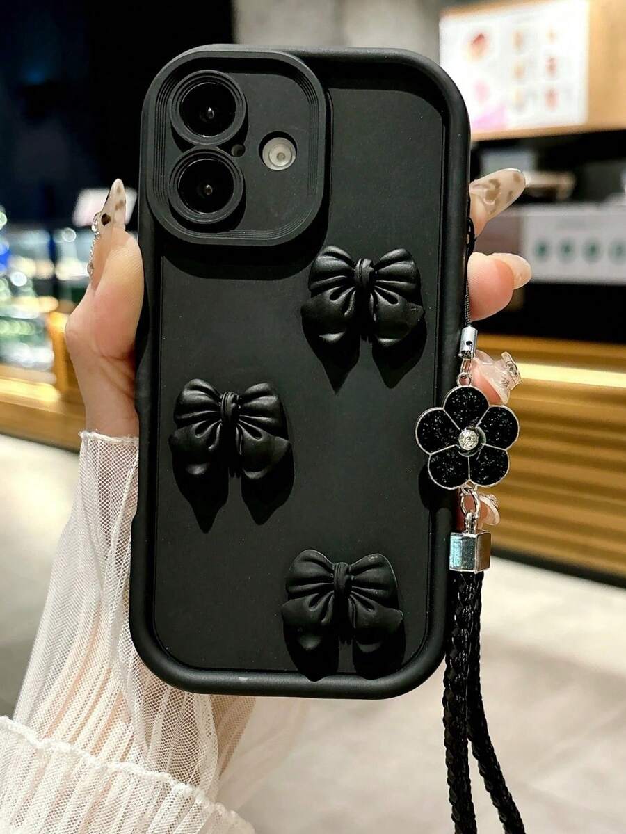 1pc Cute 3D Bow Faux Silicone Phone Case, Matte 3D Bow Decor Shockproof Case, Daily Cool Black Style, Paired With Sparkling Rhinestone Flower Braided Phone Lanyard Phone Accessory, DIY Decoration Suitable For, Shockproof Anti-Slip Scratch-Resistant, Compatible With Apple 17 Pro Max, 17/16/15/14/13/12/11 Series, S20-S25 Series, Note 14/13/12 Series, A56 5G, Valentine's Day/Birthday Gift - Black - View 1