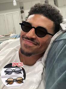 2 PCS Men's Round Fashion Glasses Polycarbonate Lightweight Thin Frame Multicolor Lenses Casual Style Suitable For Outdoor Commute With Glasses Box - Multicolor - View 2