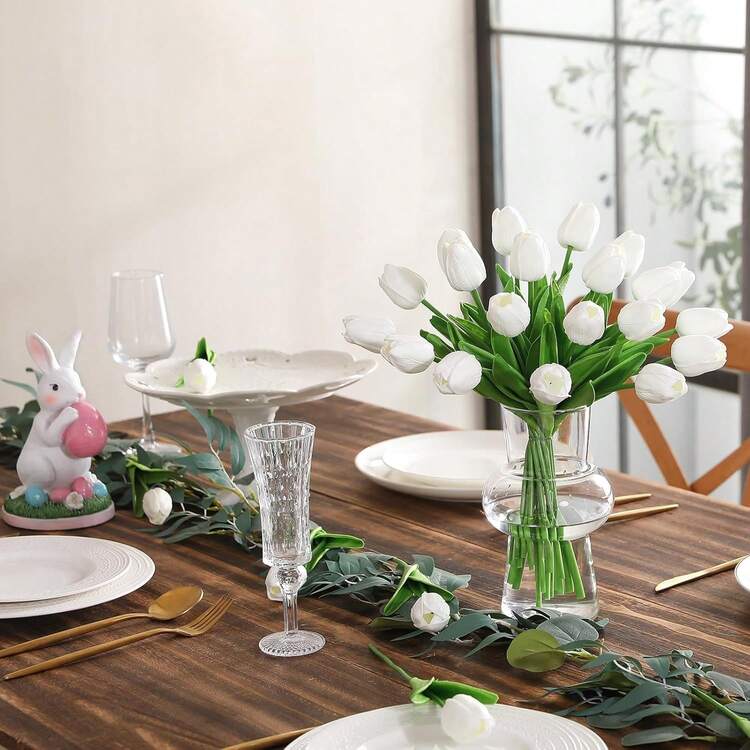 30支人造郁金香，PU材质，白色，触感逼真，适用于情人节、春季、复活节、家居厨房、婚礼装饰和新年装饰 - 白色 - 查看 6