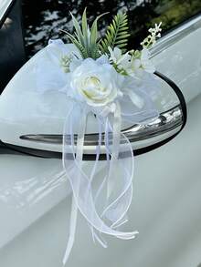 Hochzeitsauto Rückspiegel Blumen Dekoration, Hochzeitsauto Türgriff Satinband Schleifen Blumen Dekoration - 1PC - Übersicht 1