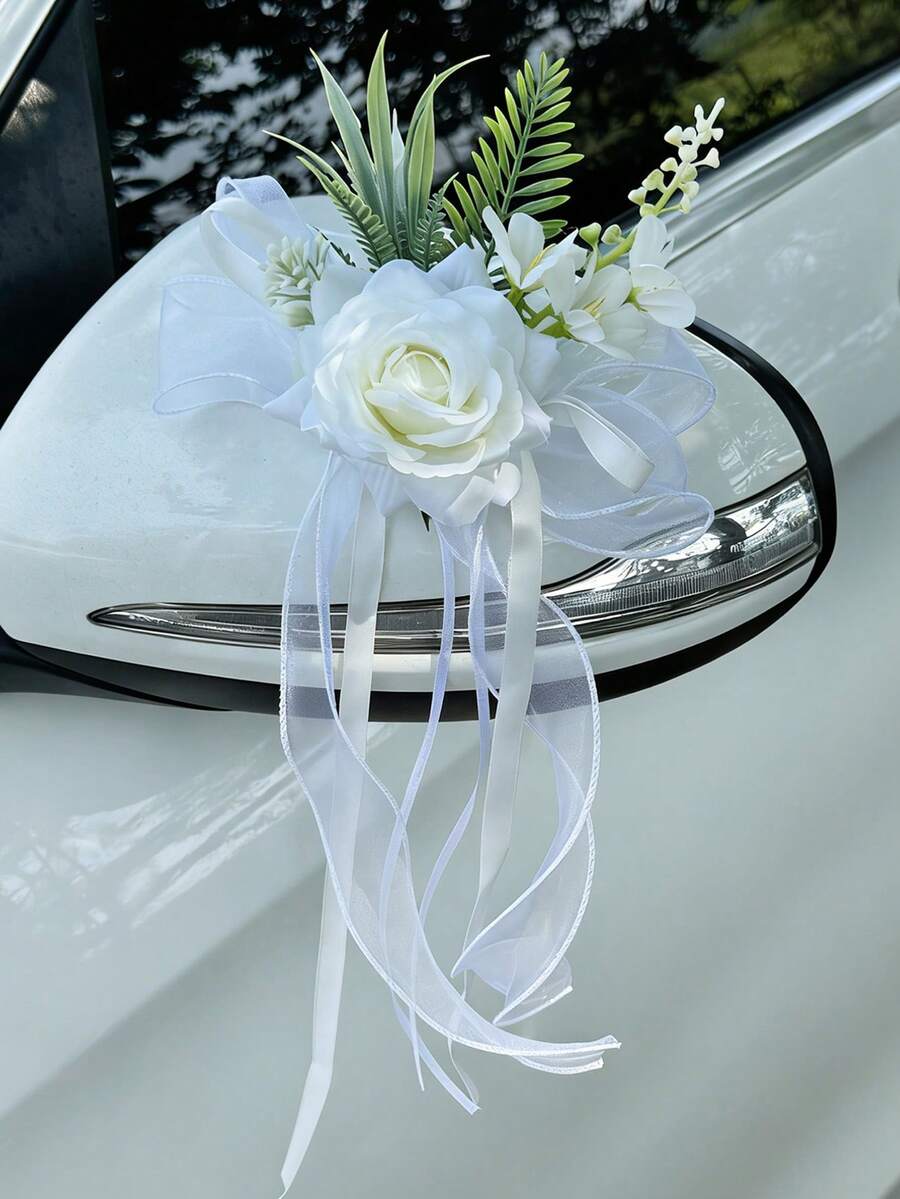 Hochzeitsauto Rückspiegel Blumen Dekoration, Hochzeitsauto Türgriff Satinband Schleifen Blumen Dekoration - 1PC - Übersicht 1