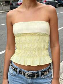Women's Summer Strapless Vest Stylish Patchwork Sleeveless Ruched Tube Tops For Party Date Night Wear - Yellow - View 1