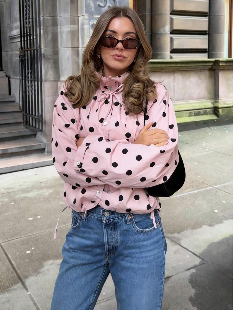 Women's Casual Polka Dot Long Sleeve Loose Jacket, Fashion Stand Collar Button Front Coat Spring - 粉色 - 查看 1