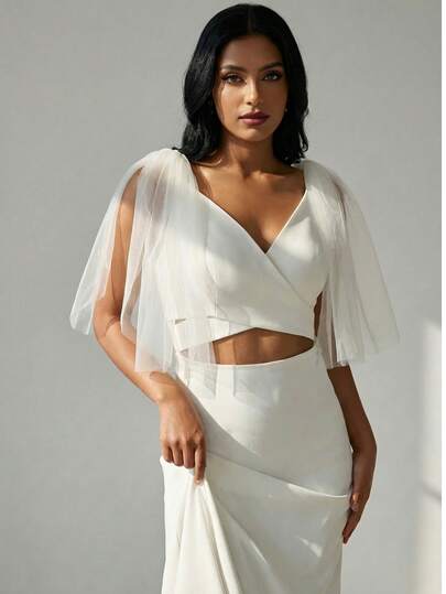 1 对纯色伴娘披肩，适合新娘婚礼派对的时尚臂套，可拆卸柔软雪纺，适合多种场合，适合女士秋季服装